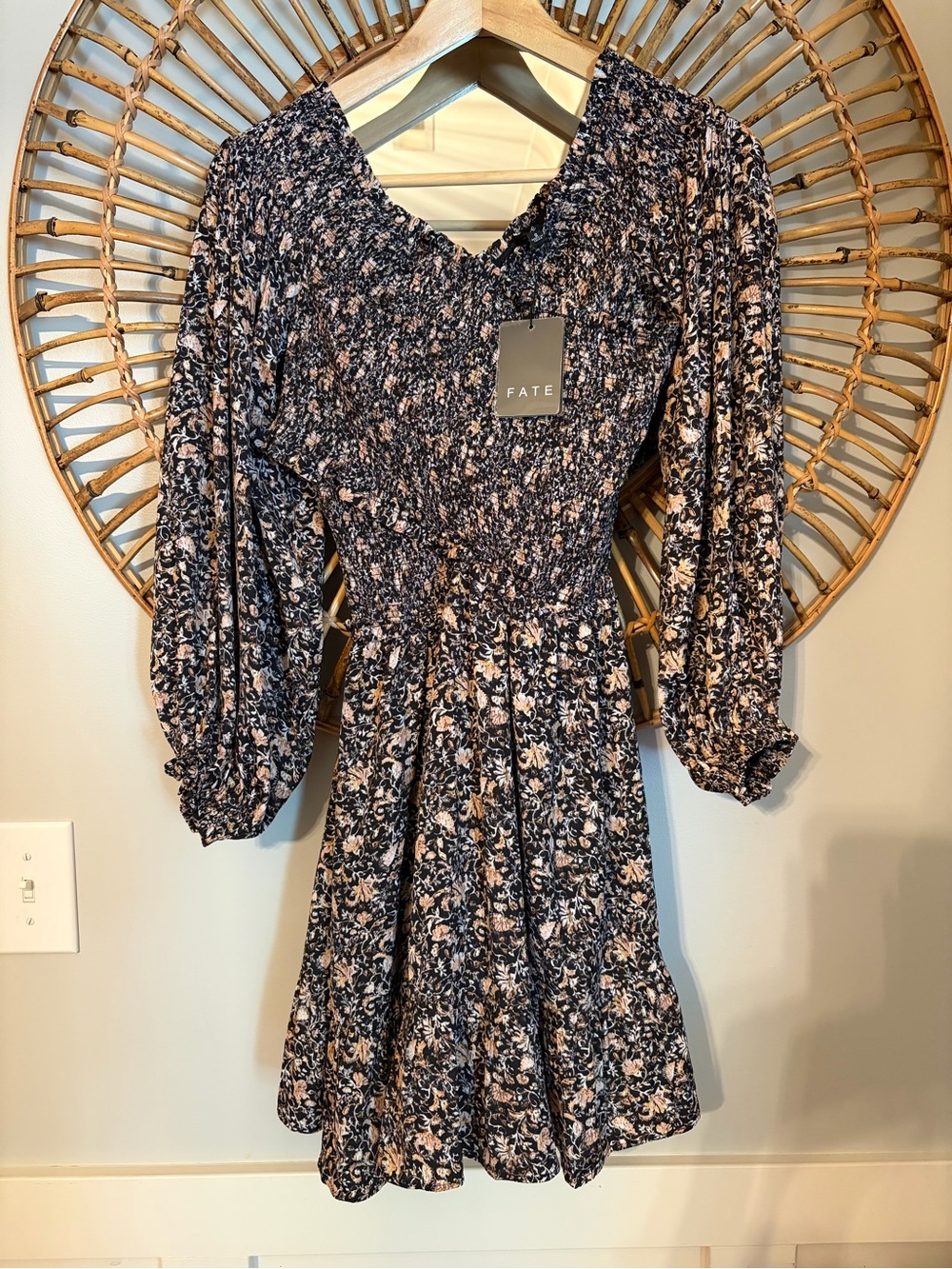 Fate Black and Blush Floral Smocked crossover boho Dress